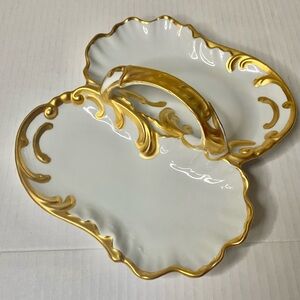 Vtg Porcelain White Gold Gilded Divided Serving Dish Handle Sign Anne W Bacinin